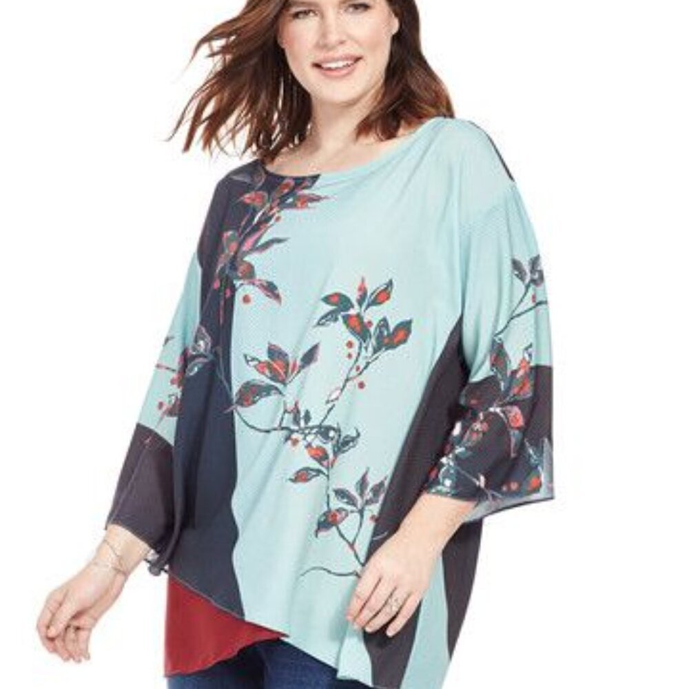 Citron Santa Monica Womens 3X Floral Kimono Sleeve Asymmetric‎ Blouse P1114-LJF
